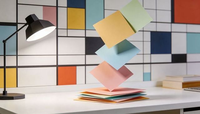 Pastel paper stack floating above minimalist desk with mondrian grid wall and desk lamp