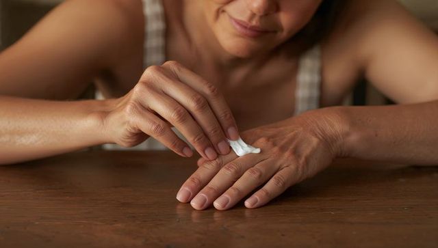 Woman applying hand cream with cotton pad on wooden table, self care closeup