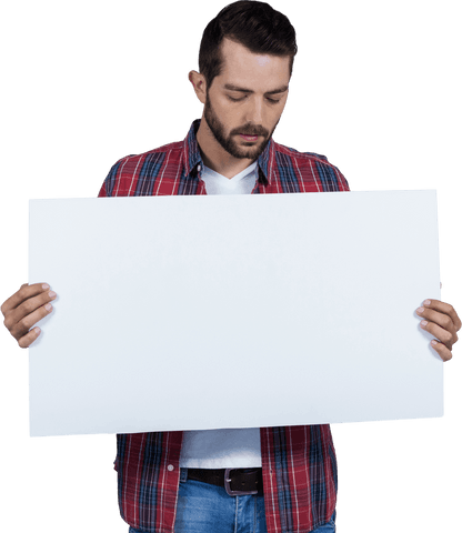 Man in Checked Shirt Holding Large Transparent Placard Mockup - Download Free Stock Videos Pikwizard.com
