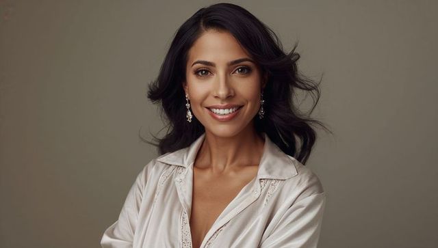 Elegant woman smiling in silk blouse with dangling earrings
