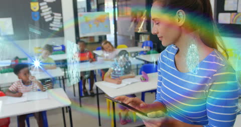 Teacher Using Tablet with Holographic Connections in Diverse Classroom