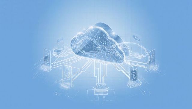 Holographic cloud network radiating connections to servers laptop and mobile devices