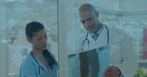 Medical Team Reviewing X-ray with Global Data Overlay and Healthcare Analytics
