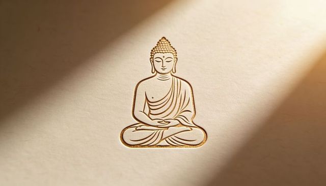 Gold embossed buddha motif on cream cardstock with warm diagonal sunbeam minimalist relief