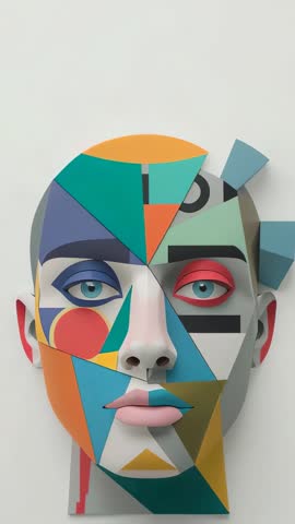 Tilting Camera Revealing 3D Geometric Colorblock Mask Sculpture Vertical Video
