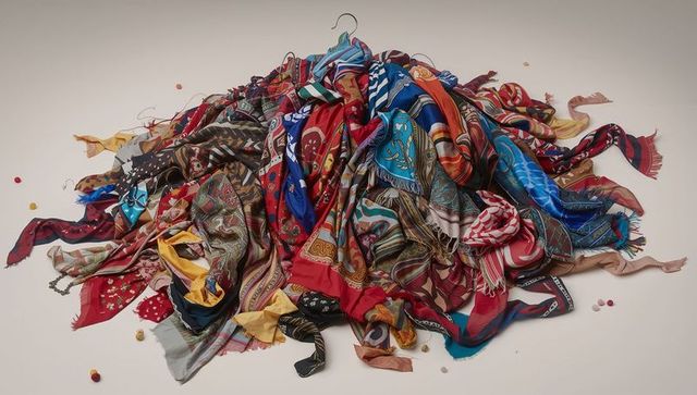 Displaying colorful patterned scarves and shawls on beige background with hanger, beads