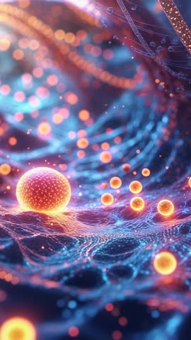 Vertical video pulsing orange spheres rolling across neon-blue filament network