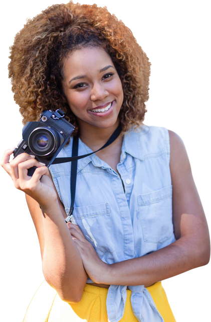 Smiling curly haired girl holding transparent background camera - Download Free Stock Videos Pikwizard.com