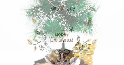 Festive pine branch artfully dusting snow with merried holiday greetings