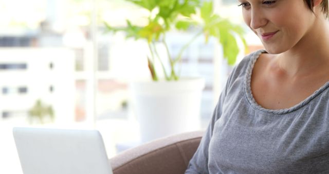 Woman Working on Laptop at Home with Plant in Background - Download Free Stock Images Pikwizard.com