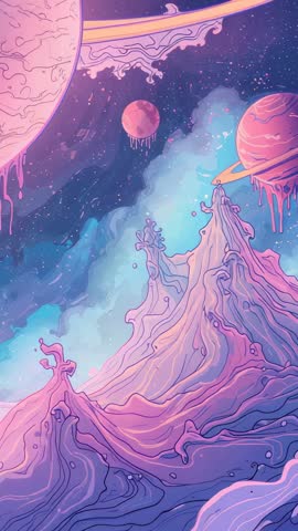 Looping Vertical Video of Ringed Planet Dripping Moons Over Pastel Nebula Mountains Dreamy