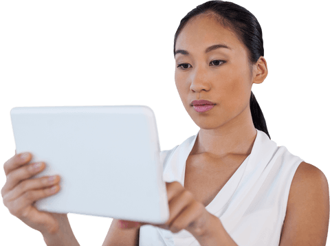 Transparent Young Businesswoman Using Tablet Confidently