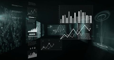 Holographic Data Visualization Interface Featuring 3D Analytics Panels and DNA Helix