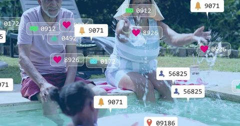 Active seniors splashing with grandchild at backyard pool, sun hat, social media overlay