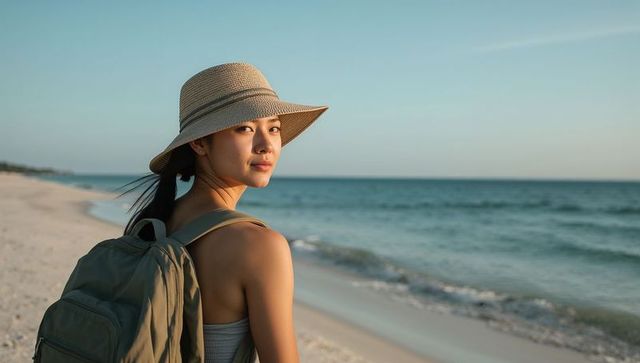 Young woman wearing straw hat and backpack standing on calm coastal beach at golden hour