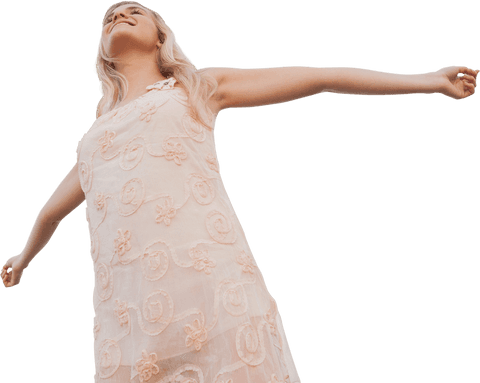 Woman in Lace Dress Joyfully Posing with Transparent Background