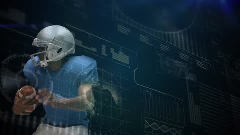 American Football Player Analyzing Data with Futuristic Design