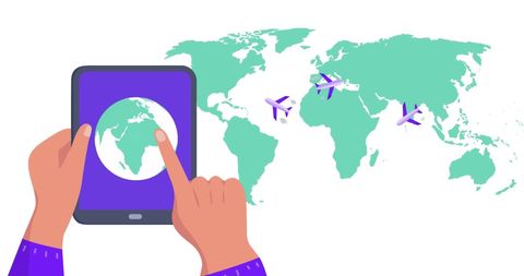 Interactive World Map with Tablet Display and Airplanes - Download Free Stock Images Pikwizard.com