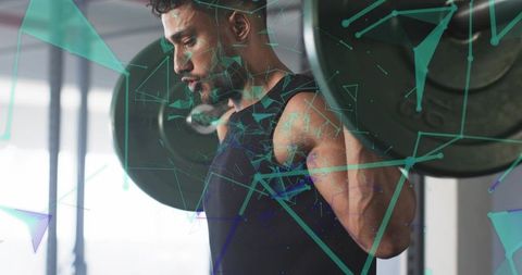 Athletic Man Lifting Weights with Futuristic Digital Overlay