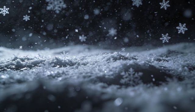 Macro night snowfall with hexagonal ice crystals and soft blue bokeh, falling snowflakes