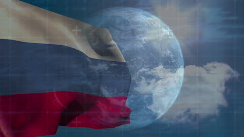 Russian Flag with Digital Data and Globe Visualization