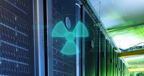 Cybersecurity and data protection in server room with nuclear symbol