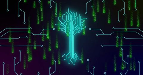 Futuristic Digital Tree Circuit with Binary Data Theme