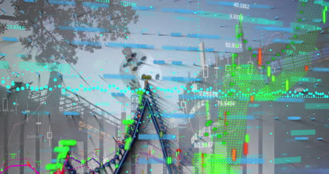 Abstract Financial Data Illustrated Over Cityscape with Dice