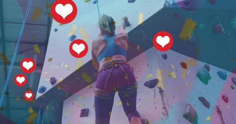 Caucasian Woman Climbing Gym Wall with Heart Icons for Connection