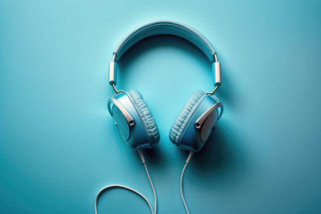Close up of blue headphones with wires on blue background created using generative ai technology. Technology and music concept digitally generated image.