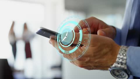 Businessman Using Smartphone with Virtual Clock Interface