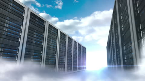 Server Racks in Sky Landscape with Technological Theme