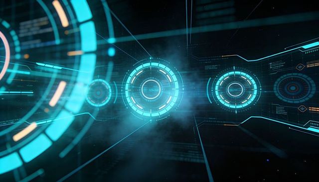 Futuristic holographic hud interface with pulsing neon rings cyber grid visualization