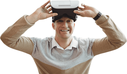 cheerful man holds virtual reality headset with excitement, embracing innovative technology. perfect for tech promotions, vr experience demonstrations, or futuristic lifestyle visuals.
