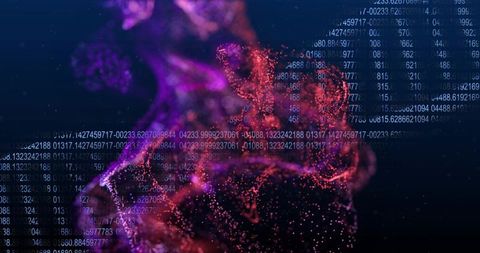 Swirling particle cloud emitting numeric code overlay in neon data nebula with glowing nodes