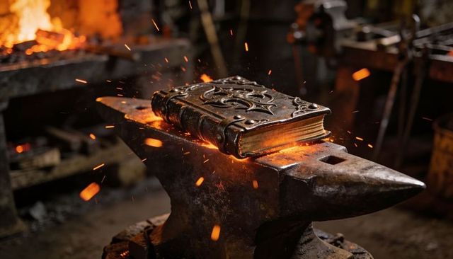 Ornate metalbound grimoire glowing on anvil with flying sparks in forge