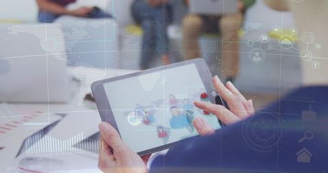 Tapping Tablet with Analytics Dashboard, Global Networking Overlays in Office Lounge