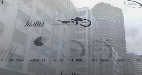 Financial Data Overlaid on Cityscape With Business Buildings
