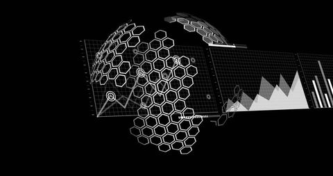 Rotating 3d data-visualization globe featuring hexagonal mesh hud and analytics grid