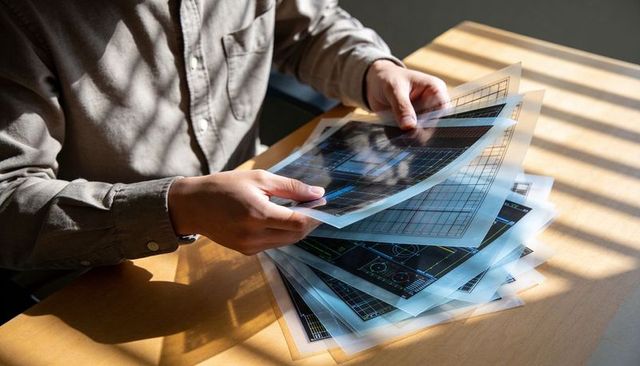 Flipping translucent blueprints and overlays on sunlit desk, studying schematics