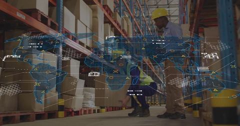 Warehouse workers using augmented reality map for global supply chain inspection