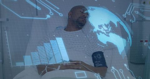 Midadult patient resting in hospital bed with futuristic digital health data overlay