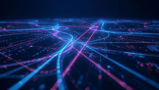 Neon Digital Grid with Pulsing Lines and Nodes in Cyberspace