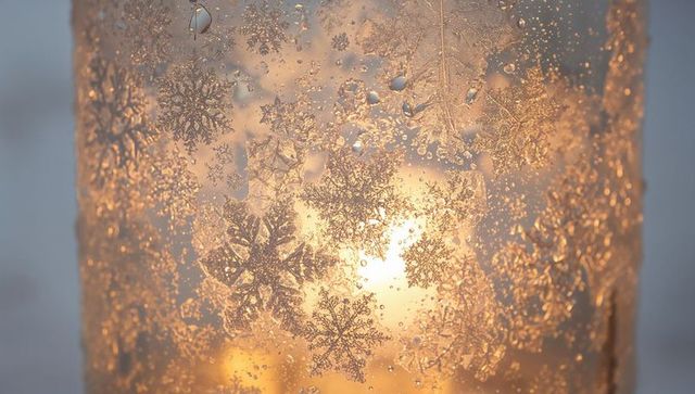 Backlit frosted glass revealing intricate snowflake ice crystals glowing in warm light