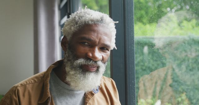 Senior man with gray hair and beard enjoying a quiet moment by a large window. Perfect for use in advertisements targeting mature audiences, promotions for retirement living, or content related to peaceful living.