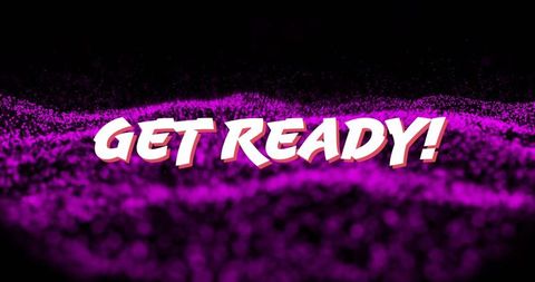 3d text 'get ready' with purple digital particle background