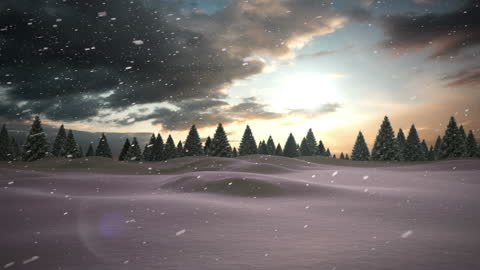 Winter Landscape with Falling Snow and Forest at Dusk