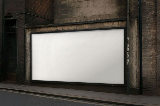 Blank billboard on weathered stucco exterior in city street