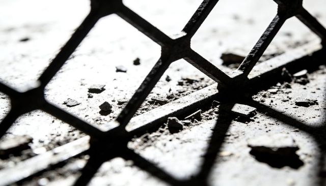Dusty metal grate casting diamond lattice shadows on concrete floor with paint chips