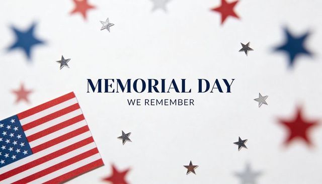 Memorial day we remember minimalist patriotic flatlay with american flag and star confetti
